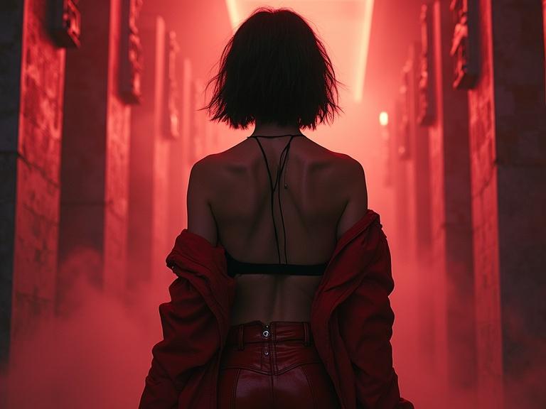 Dynamic shot of a figure with short black hair standing in a dramatic red lit corridor. The figure wears hot pants and an open jacket, showcasing an intricate background and action pose.