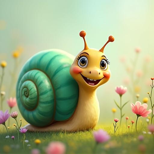 Whimsical illustration of a cartoon snail with a curious expression. The snail is vibrant emerald green with a turquoise shell. It has large expressive eyes and a friendly smile. Positioned slightly angled towards the viewer, with two delicate antennae. A soft pastel meadow background with wildflowers in pink, purple, and yellow. Soft diffused lighting creates a warm atmosphere. Style reminiscent of children's book illustrations, with modern digital painting techniques.
