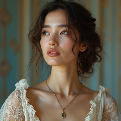 Portrait of a woman with dreamy expression. Soft lighting highlights her elegance. Intricate details in attire. Beautiful and wonderful appearance.