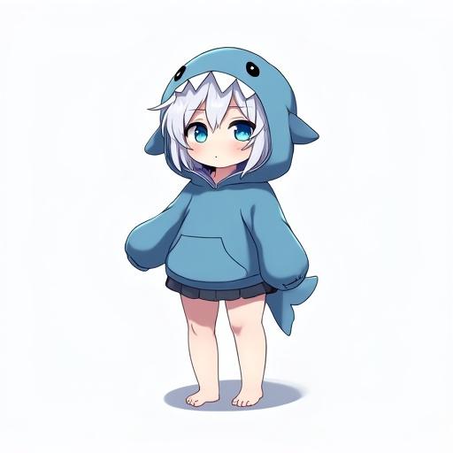 Small anime character wears oversized shark hoodie with shark face. She has short white hair with blue tint. Bright blue eyes and wears dark skirt. Character appears cute and playful.