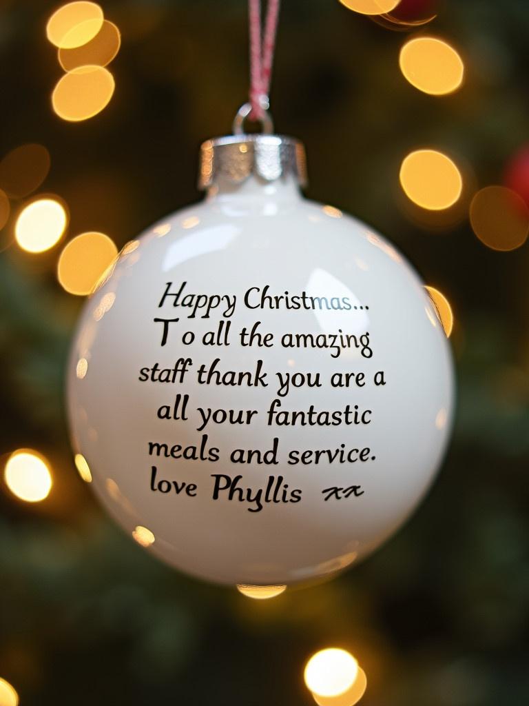 Close-up view of a white bauble with text. Text says happy Christmas. Thanks to amazing staff for fantastic meals and service. Love from Phyllis. Background has twinkling lights.