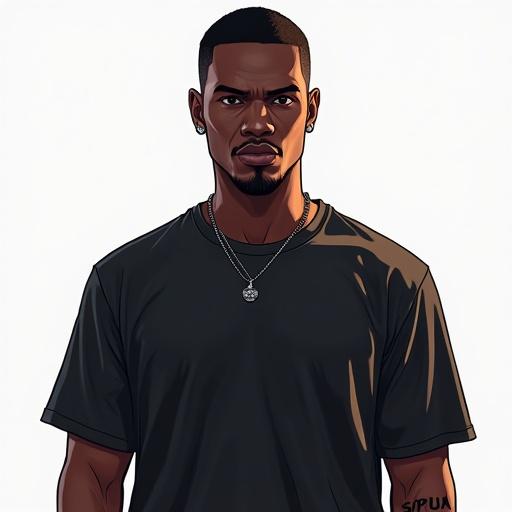 Black male character in GTA style illustration, full body facing camera, bright lighting, solid color t-shirt, no accessories, no background.