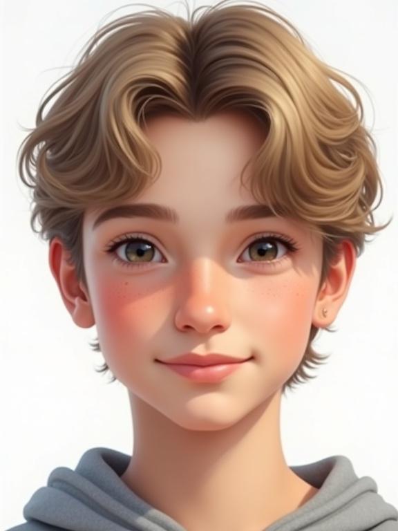 Create a detailed portrait of a young adult male face. Boy should appear friendly with gentle features, visible eyebrows, almond-shaped eyes and small nose. Lips should have subtle smile, medium-length ombré hair, smooth and slightly wavy. Distinctive features suggesting heritage. Simple white background, focus on face with warm expression. Shading should convey depth and texture without harsh contrasts, soft and approachable representation, ultra-realistic texture.
