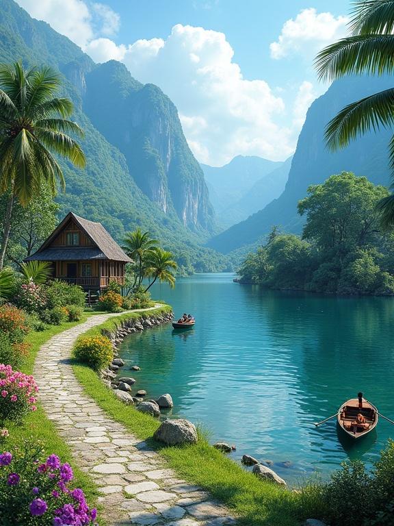Image depicts a serene landscape with a tranquil lake. Narrow winding stone pathway runs along the edge. Pathway borders colorful flowers and lush green grass. Several rocks line the shoreline. Two small boats on the lake; one with a person sitting, the other with a person paddling. Traditional wooden houses with thatched roofs are in the middle ground. Background features towering green mountains. Bright blue sky with fluffy white clouds.