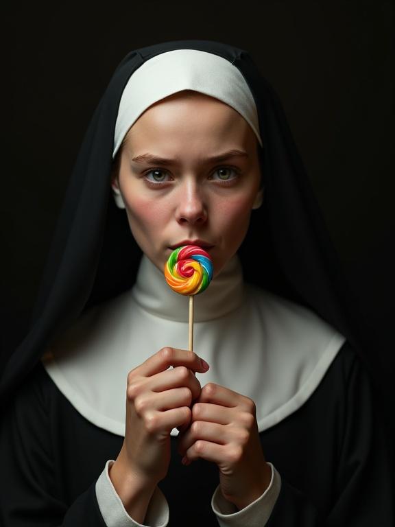 Hyper-realistic portrait of a young nun holding a colorful lollipop. Dramatic chiaroscuro lighting similar to Caravaggio. Intense shadows and warm highlights. Dark classical background. Soft textured fabric of habit. Subtle smirk with playful eyes. Ultra-detailed skin and eyes. Cinematic realism.