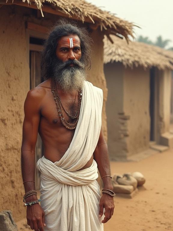 A calm and humble Indian Brahmin in a white dhoti stands in front of a small mud hut. He has a tilak on his forehead. The background is rural with soft morning light. Evokes a sense of devotional tranquility.