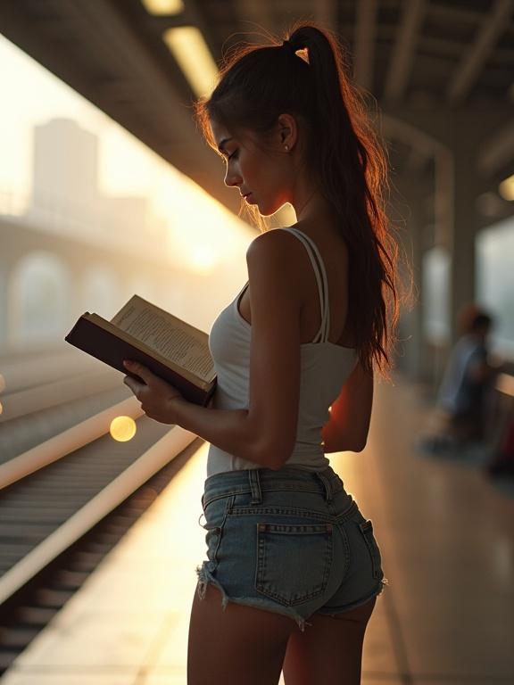 Young woman reading a book in a train station. She wears a tank top and booty shorts. The scene captures the golden hour light. The angle shows a side view of her standing by the tracks.