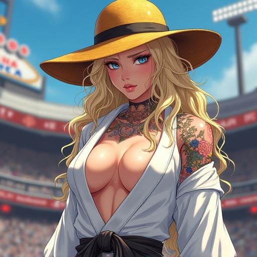 Anime character in a luxurious martial arts arena. Woman with large breasts and muscular arms. Blonde hair styled in waves. Dressed in a modern taekwondo gi. Colorful Japanese tattoos decorate her body. She wears a wide brimmed hat and sunglasses. Background features a vibrant fight ring. Inspired by Japanese culture and anime aesthetics.