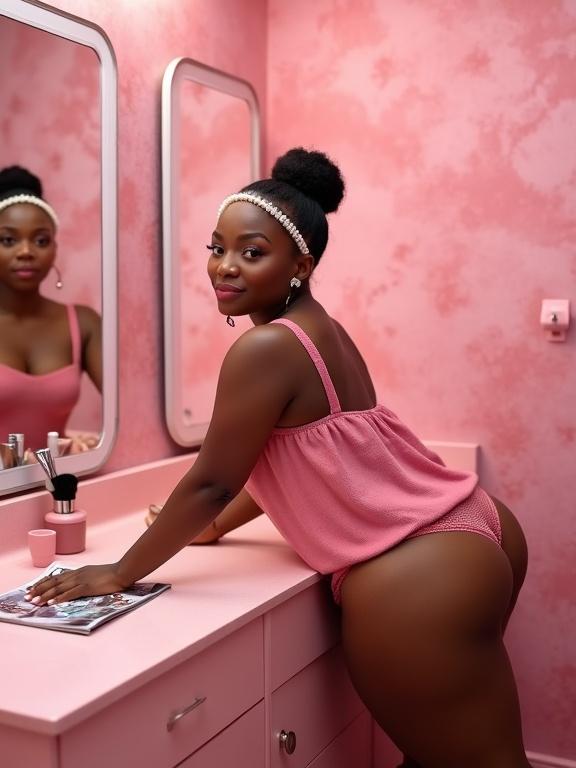 Photograph of a well endowed woman in a pink textured bathroom. She leans on a pink vanity with a magazine and countertop. She wears pink lingerie with a loose camisole and matching panties. Her hair is in a bun with a pearl headband. Background includes fluffy pink walls and two mirrors. Lighting is soft pink creating a cohesive color scheme. Camera angle is at eye level slightly low, focusing on her upper body. Photograph has high aesthetic quality using leading lines from mirrors. Shot likely uses artificial lighting with a shallow depth of field.
