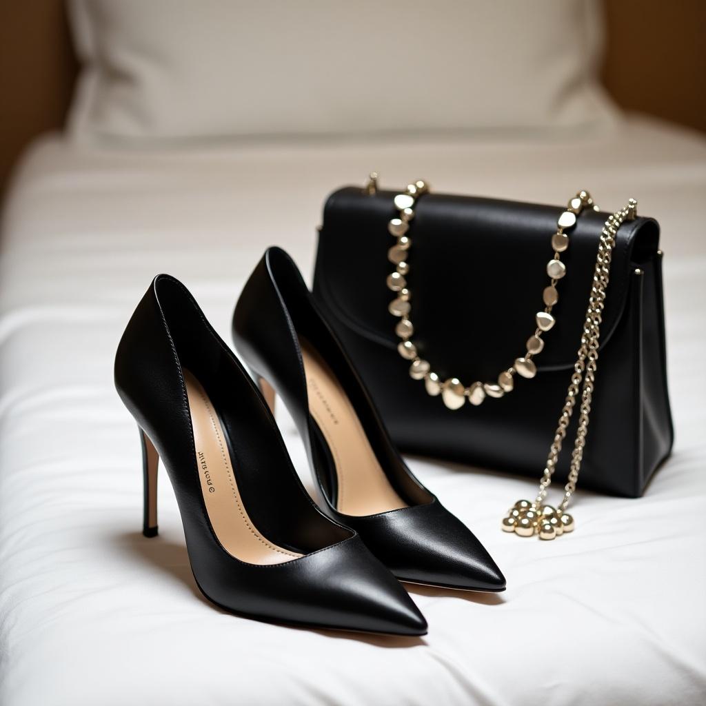 The image showcases a pair of stylish black high heels elegantly displayed next to a matching handbag. A necklace adds a touch of sparkle, sitting beside the shoes and bag. The setting is a neatly made bed, emphasizing a luxurious lifestyle. The combination of high heels and stylish accessories suggests sophistication. This visually appealing arrangement is perfect for fashion enthusiasts and trendsetters.