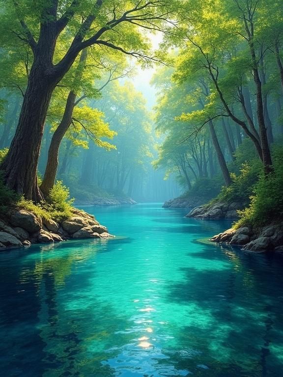 Impressionist oil painting of turquoise lake surrounded by ancient trees. Detailed light and shadow play with emphasis on depth. Light penetrates foliage and water layers.