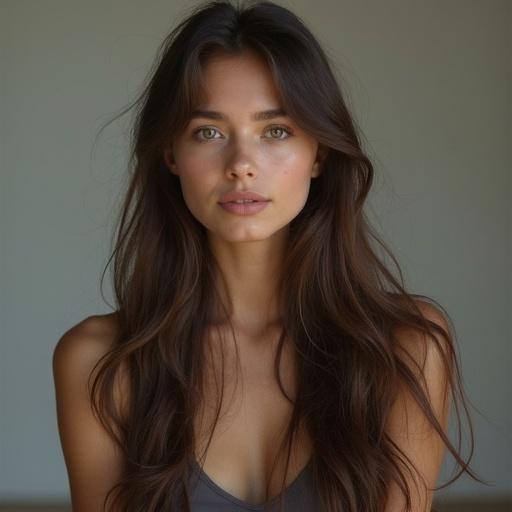 A girl with long hair is gazing at the camera in a soft-lit environment. Natural beauty shines through with minimal makeup. The focus is on the hair and facial features.