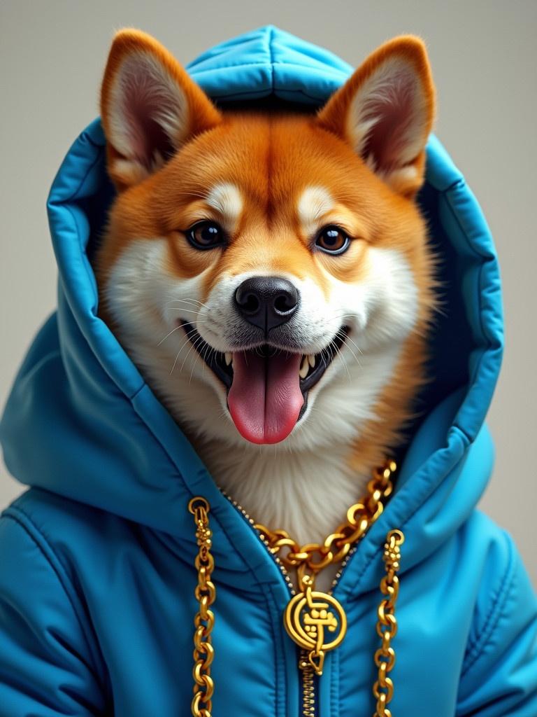 Shiba dog wears a blue hoodie. Gold chains are on the dog. The dog has shiny golden teeth. Background is soft and neutral.