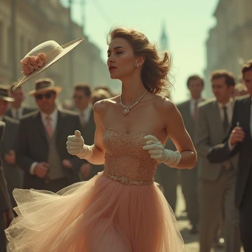 1962 elegance portrayed through a young lady in a fashionable dress and gloves running in a protest. She appears scared and sad as a chic hat flies behind her. The scene captures the historical essence and emotional turmoil of the moment.