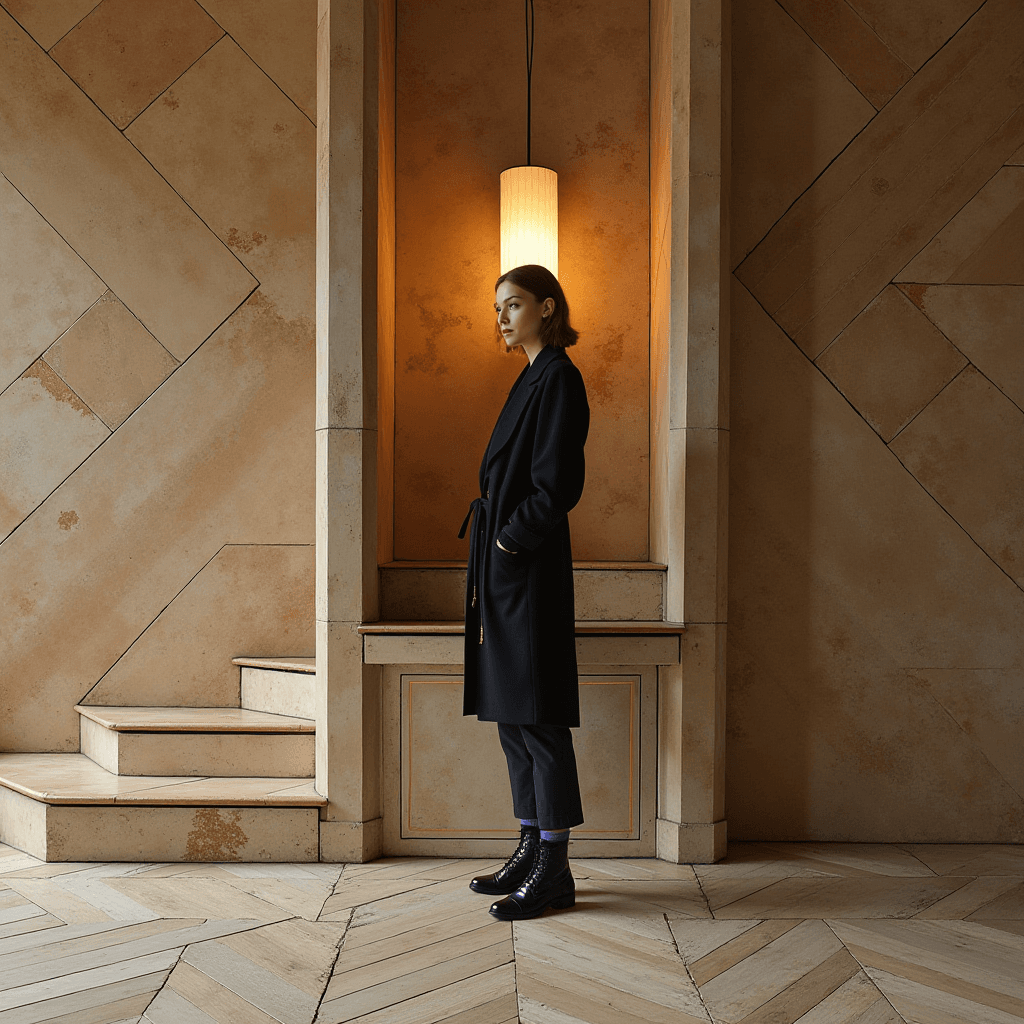 A woman in a black coat stands elegantly by textured beige walls under a soft, warm light.