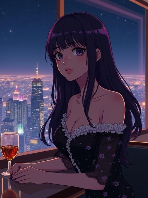 A mature woman with long dark violet hair wears an off-the-shoulder black dress with a floral pattern. She is seated at a counter in a luxurious lounge with a night cityscape view. Soft warm lighting inside contrasts the night sky. A glass of amber liquid is nearby. The overall mood is elegant and serene.
