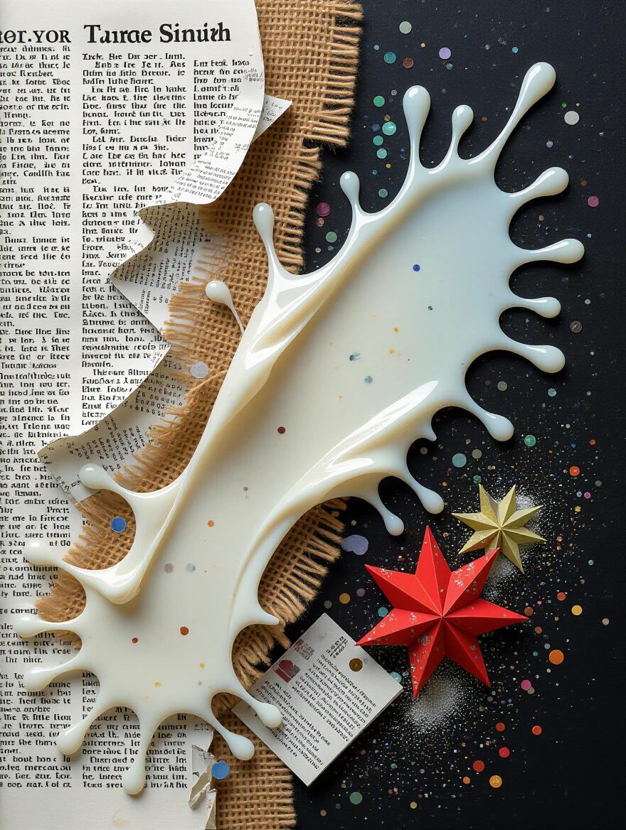 Abstract artwork features a splash of milk with colorful confetti. Mixed media elements include newspaper jute fibers and origami designs. Visual texture is emphasized with scratches and tears throughout. The image has a dramatic aesthetic and uses contrasting colors.