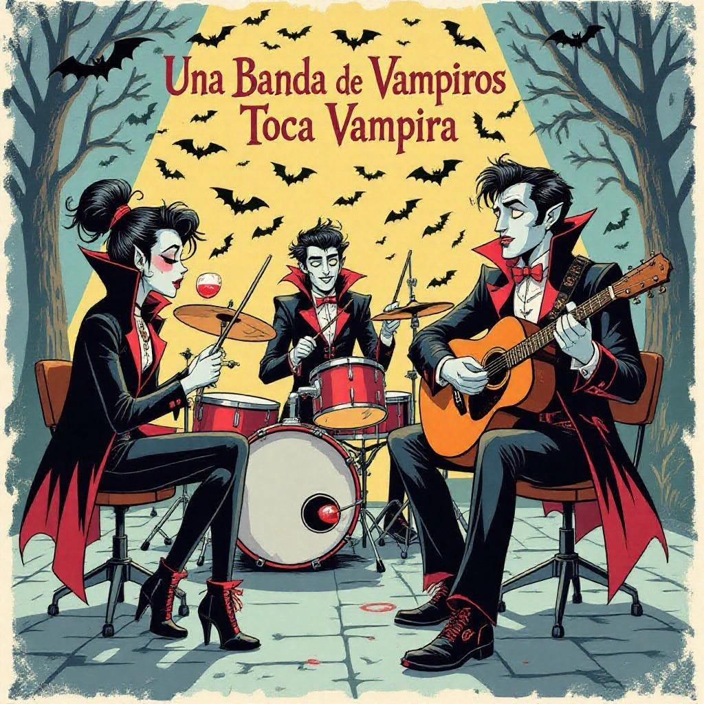 Illustration of a vampire band performing. A female vampire plays drums. Another female vampire with short hair plays an organ. A male vampire plays electric guitar. A fourth vampire with green eyes sings while holding a guitar. Another observes, drinking from a glass.