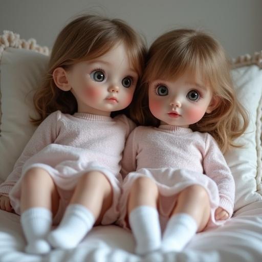 Two slim little girls in pink dresses with white babydoll socks are having a sleepover. They are hugging each other and lying on a bed together. The setting is cozy and warm.