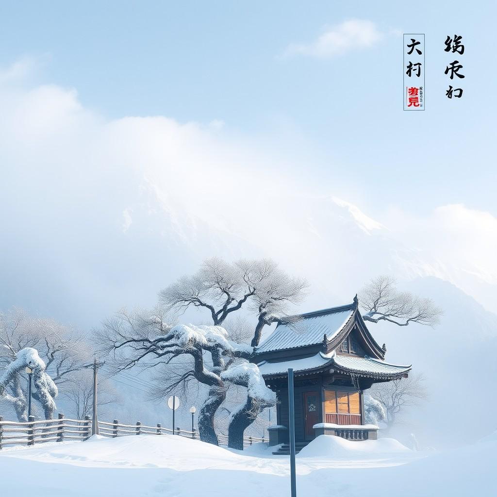 A small traditional wooden building amidst a snowy landscape with bare trees and misty mountains.