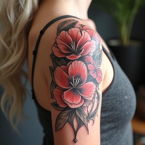 Tattoo design featuring beautiful flowers with scroll elements on a woman's shoulder. Show vibrant details and remarkable artistry.