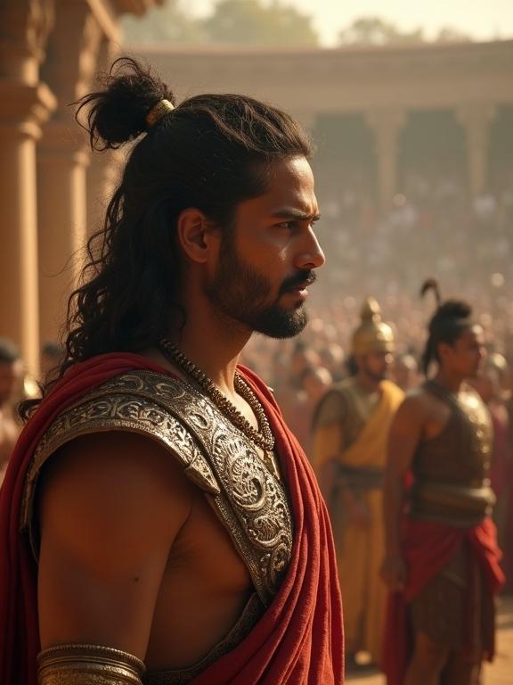 Heroic warrior stands in royal martial arena. Intense gaze towards challenger. Mix of disbelief and frustration visible on face. Emotional conflict in eyes. Crowd is blurred. Split lighting on face. Royal outfit with bow hanging. Hair tied back.
