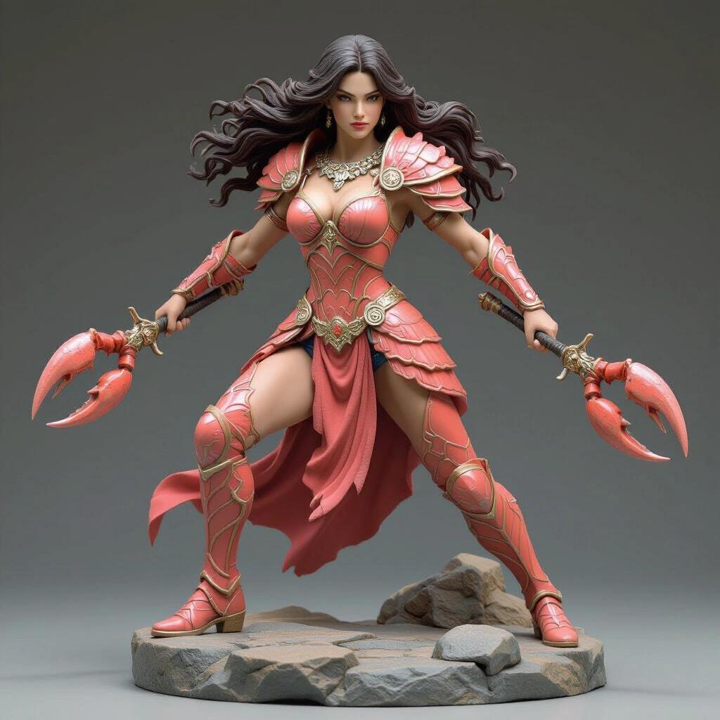 Ultra-detailed hyper-personalized 3D figure of a warrior goddess inspired by the sign of Cancer. Coral-toned armor with shell texture. Dynamic and aggressive pose mid-attack. Holds dual crab-claw-shaped daggers of shiny steel. Round stone base. Long hair blows back in the wind. Realistic style for resin printing. No background professional rendering.