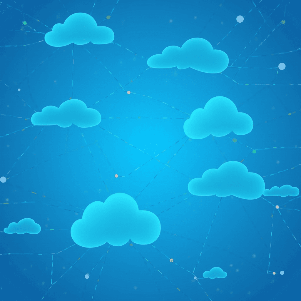 The image shows blue clouds connected by dotted lines against a blue background, depicting a digital network.