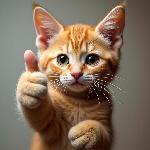A confident cat giving a thumbs up with one paw. Cat looks adorable and happy. Background is soft and neutral.