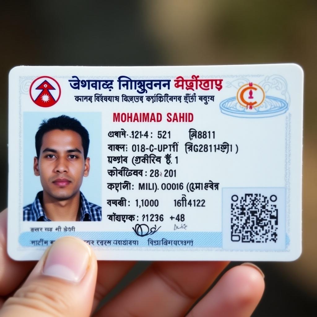 Image of a Nepalese identity card with official details. Card has professional appearance for verification. Displays name MOHAMMAD SAHID and age 28.