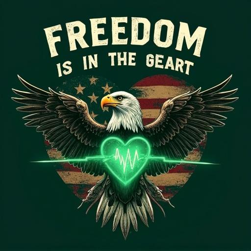 A graphic design featuring a powerful patriotic theme on a dark green t-shirt. Big white text saying 'FREEDOM IS IN THE HEART' on top. A distressed American flag serves as the background. A glowing green heartbeat forms a heart shape encasing a bald eagle's head and neck. The eagle's wings extend alongside the flag stripes. Emphasizes national pride and connection between freedom and life.