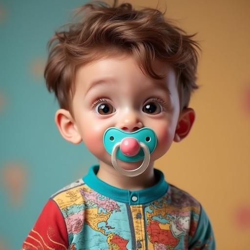 Child with a pacifier wearing a colorful comic diaper. The child is looking at the camera with an engaging expression. Background is soft and colorful.