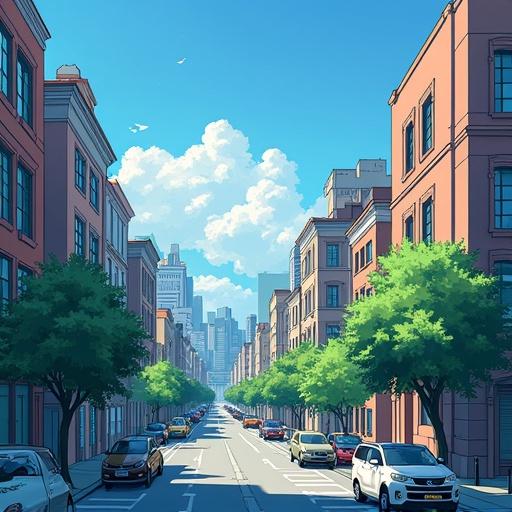 Side view of a city in anime style. Street with trees and buildings. Bright sky with clouds. Cars parked along the street.