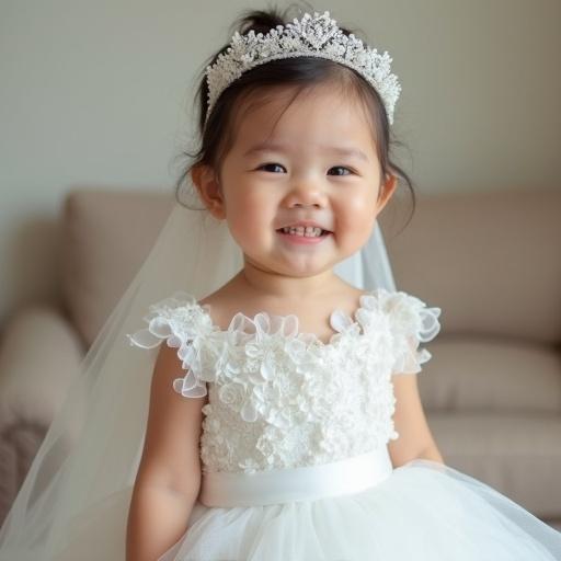A girl smiles adorably while wearing an elegant white bridal dress with a tiara and veil. The scene captures innocence and joy. The background implies a cozy indoor setting with soft colors.