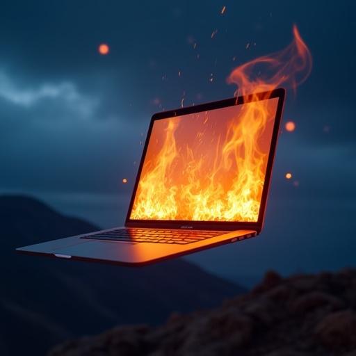 A MacBook floats in the night sky. The screen is on fire. The background shows mountains. The image captures a surreal scene of technology in an elemental context.