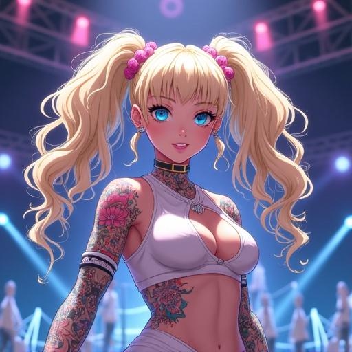 Anime character on a modern concert stage. Woman with frosted blue eyes and large light blonde pigtails. Tattoos on arms and classy, edgy popstar streetwear. Singing with backup dancers at night.