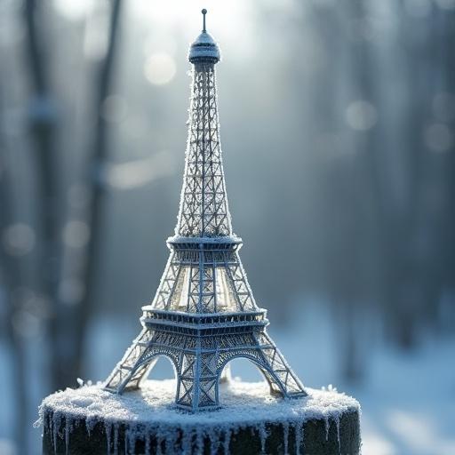 Miniature Eiffel Tower on stone pedestal in frozen forest. Tower encased in frost and ice crystals. Signed by artist PJ. Tower with frozen dew and icicles. Softly blurred forest background in winter light. Scene glows with frozen moisture. Snowflakes on stone surface. Air feels still and hushed. Tower appears as a relic in natural cathedral of silence.