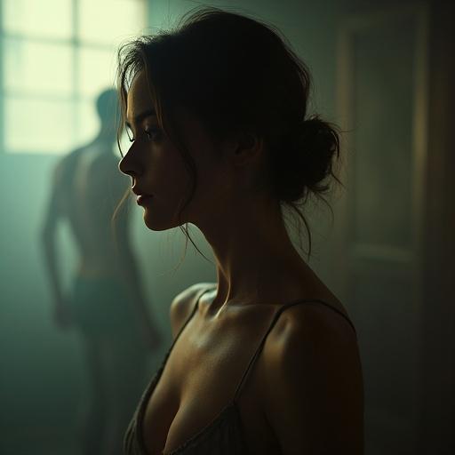Surreal cinematic photography featuring a young adult model in a misty room. The model exhibits exquisite beauty, with a man in the background. The image is created with dynamic studio lighting and special effects, showcasing high resolution and intricate details.