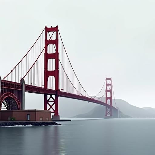Side view of the Golden Gate Bridge in a minimalist 3D semi-realistic style. Bridge is dark red and spans across calm gray water. Overcast sky with no background elements. Isolated and clean design, similar to City Smash game with simple shading and flat perspective.