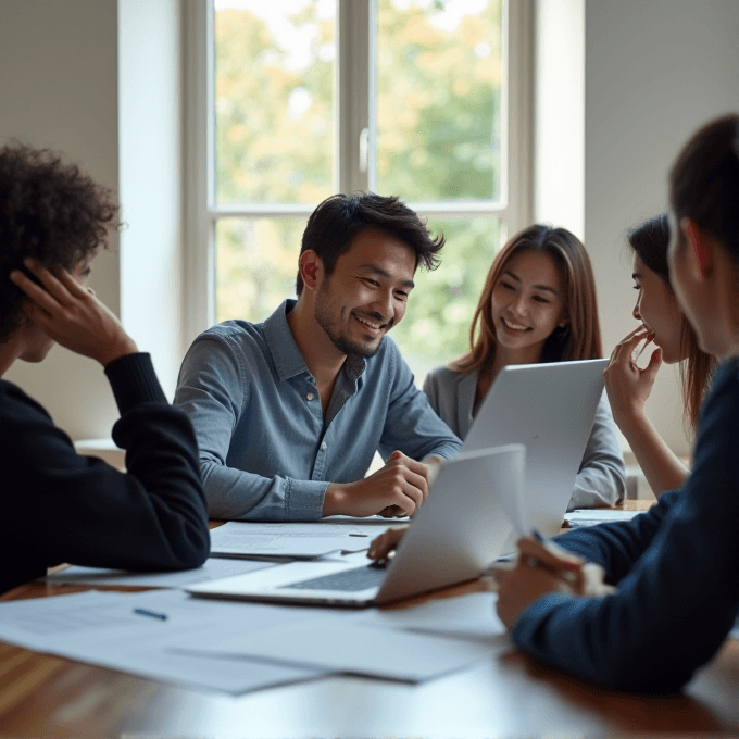 A group of people are working together, smiling and discussing in a bright room.