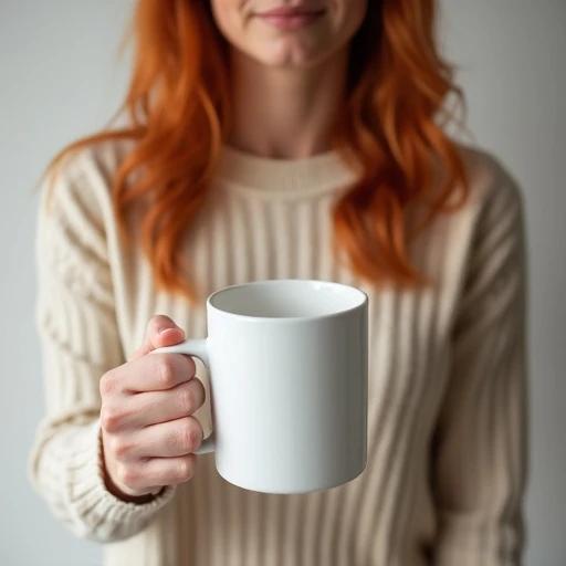 A woman with ginger hair is holding a white mug with both hands. The mug is seamless and has no text or logo. She has a warm smile and is wearing a cream-colored top. The image showcases a cozy atmosphere with natural light.