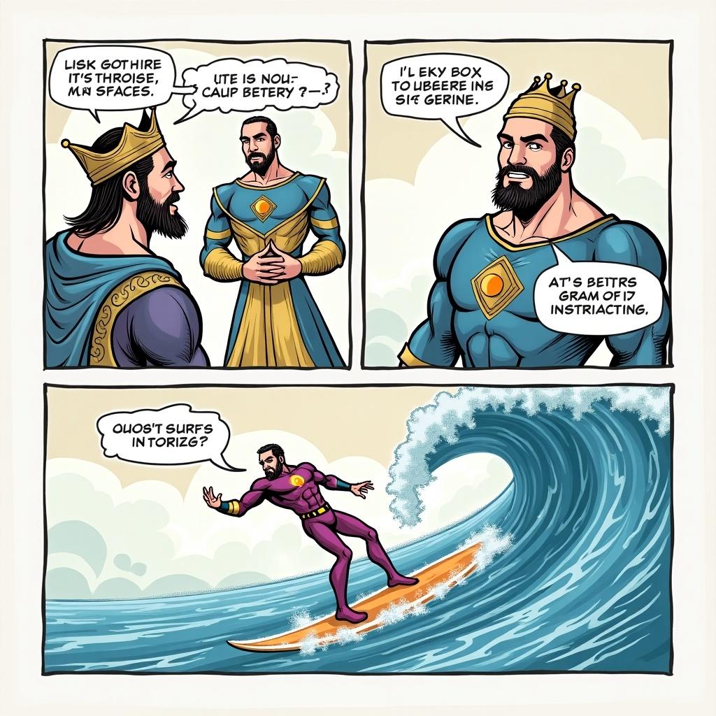 Three-panel comic. First panel features a male king in royal attire greeting a genie. Second panel shows king expressing desire to switch places, genie looks amused. Final panel illustrates their magical swap with dynamic poses and superhero on surfboard riding wave.