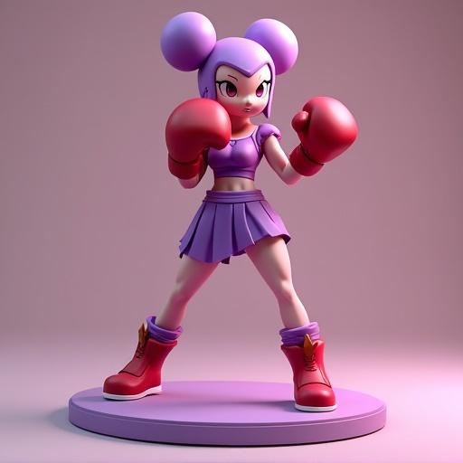A stylized 3D resin figure of a boxer girl. She has an athletic body and is throwing a punch. She wears a purple outfit with red gloves and boots and a short skirt. Her hairstyle has 3 buns. She stands on a circular base like she is in battle.