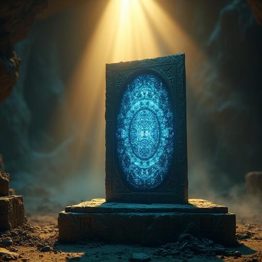 A glowing stone tablet with impossible carvings. Dramatic golden light shines from above illuminating the tablet. Floating dust particles in the light, eerie mist on the ground. Ancient runes on the pedestal, partially broken chain around the tablet. Blurred shadows of ruins in the background create depth.