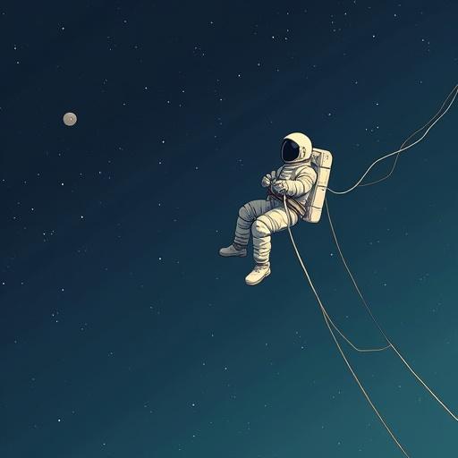 An astronaut attached to a single rope drifts alone in the vastness of space. The astronaut is drifting leftward. The shot is a long shot. The rope is slack. The illustration style is simple.