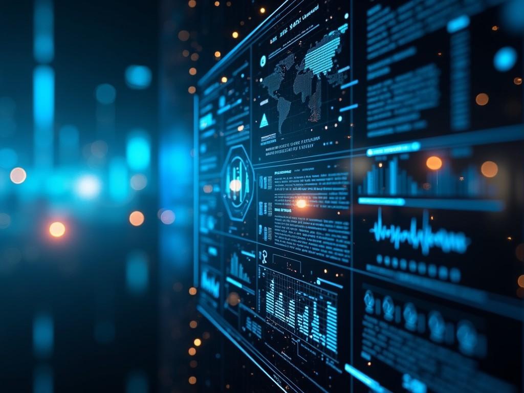 This image portrays a futuristic interface with glowing data panels and graphs, indicative of a high-tech environment. The digital screen appears to display a global map, various charts, and analytical data points, all set against an abstract background that fades into a sea of blue and orange lights. The overall atmosphere is one of advanced digital technology, possibly hinting at data analysis or cybersecurity themes.