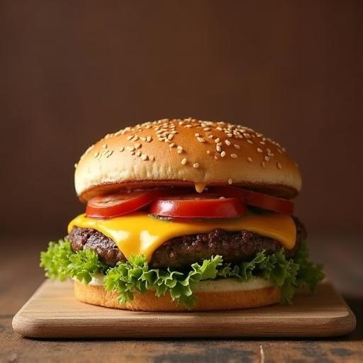 Cheeseburger on brown background Wooden table base Fresh lettuce and tomato Perfectly melted cheese Classic sesame seed bun