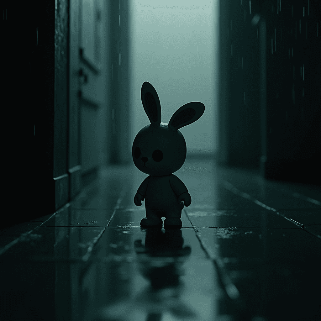 A toy bunny stands alone in a dimly lit hallway, casting a shadow on the wet floor.