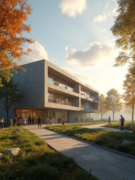 A modern university building with people interacting. A sculpture is present. The scene is set in the morning with a narrative feel. The image uses the rule of thirds and is photo realistic. A large garden is visible in the background with orange tones in foliage.