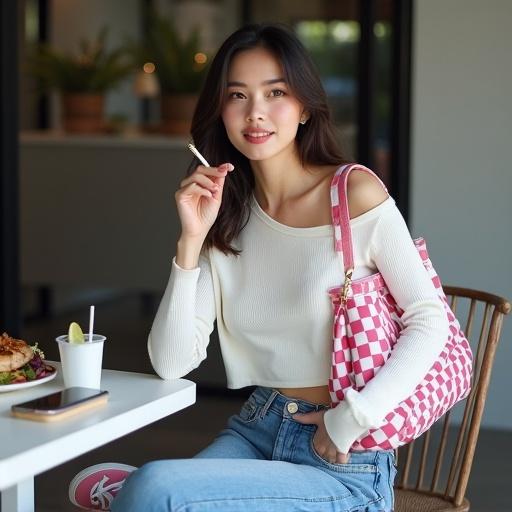 A young woman sits on a chair in a cafe. She wears a cropped white sweater, blue jeans, and pink sneakers. She holds a cigarette and a drink. A pink and white checkered bag rests on her shoulder. A table nearby has food and a smartphone. Natural daylight fills the scene.